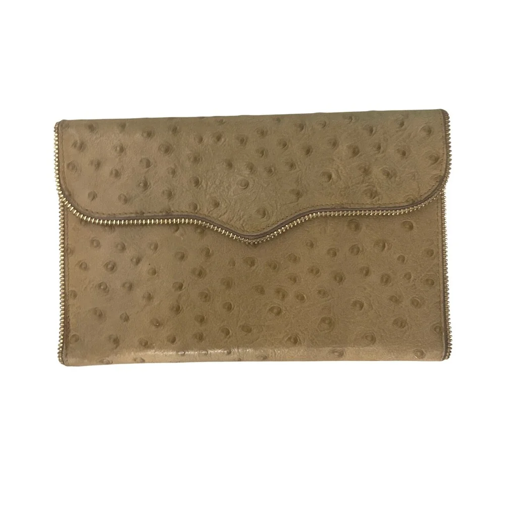 Rebecca Minkoff Ostrich Embossed‎ Leather Zip Around Wallet Beige Gold Tone